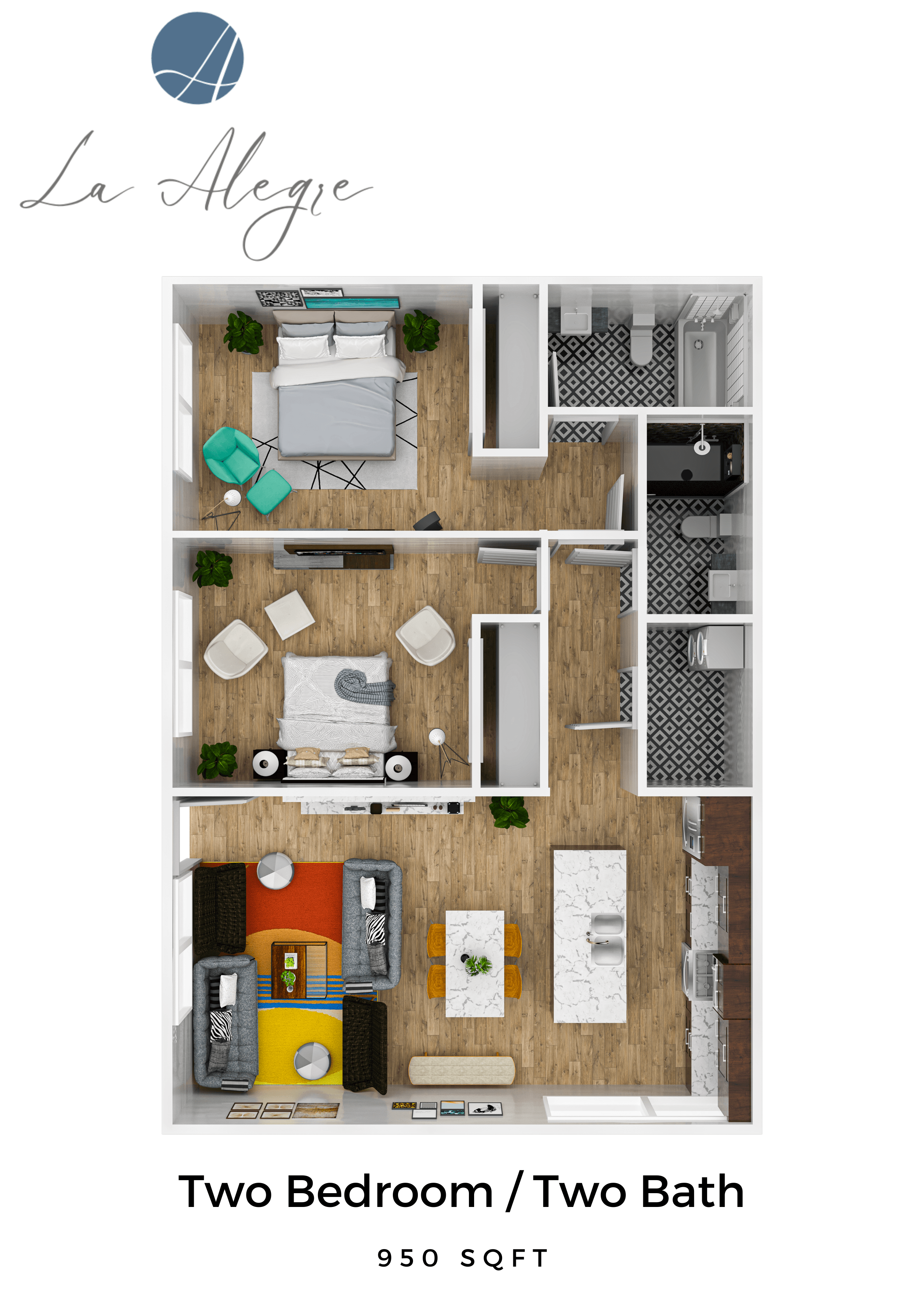 Floor plan for 2 beds, 2 baths, 950 sqft